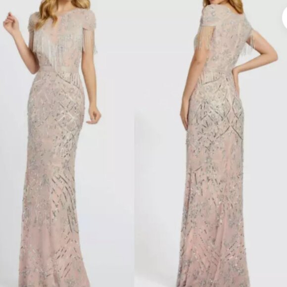 MAC DUGGAL 4715 EMBELLISHED FRINGE CAP SLEEVE PLATINUM TRUMPET GOWN sz 4 - Picture 1 of 6